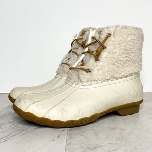 Sperry Saltwater Ivory Off White Faux Fur Duck Rain Boot 11M
